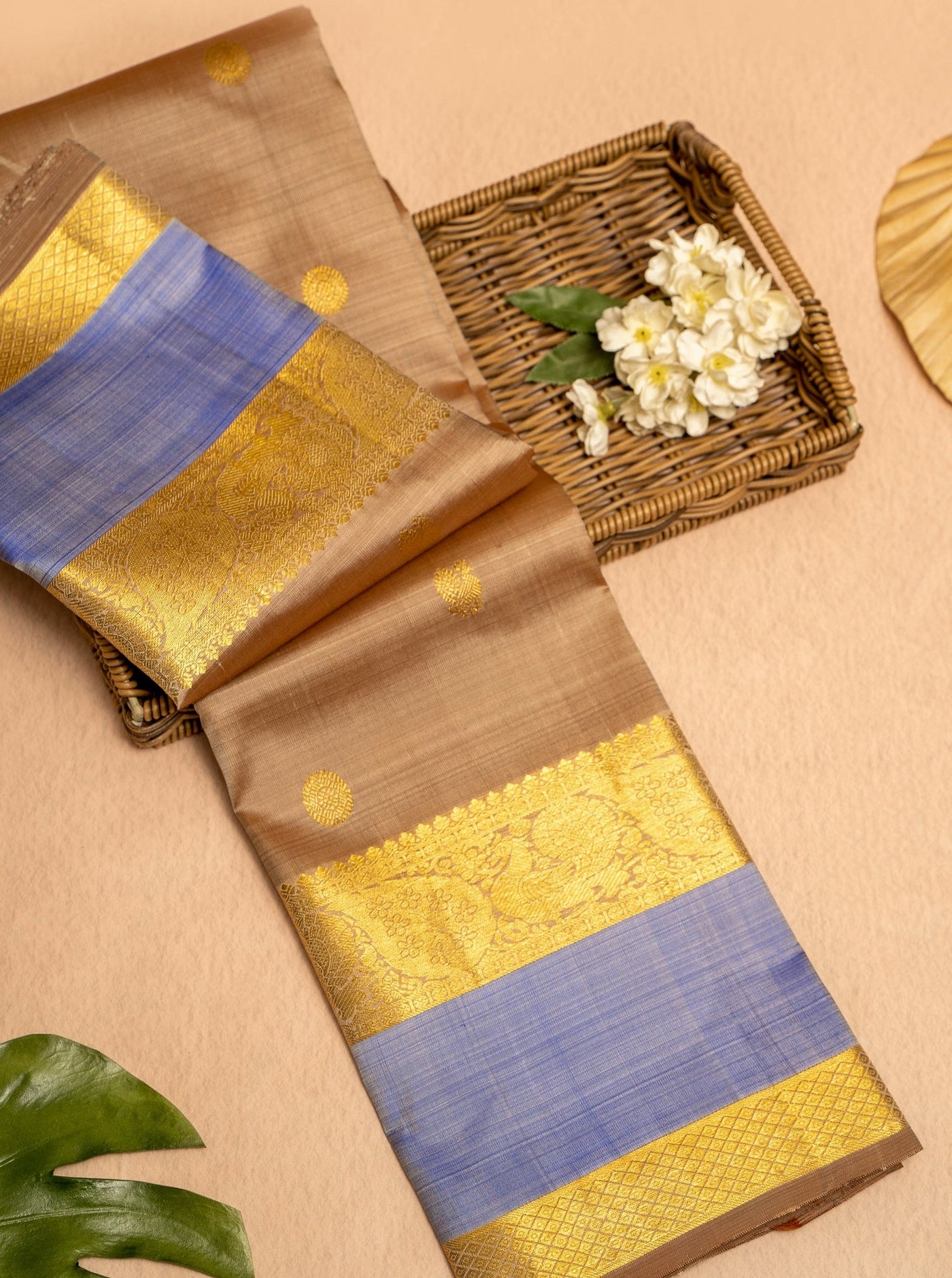 Light Fawn and Blue Rettai Pettu Pure Kanjivaram Silk Sari - Clio Silks