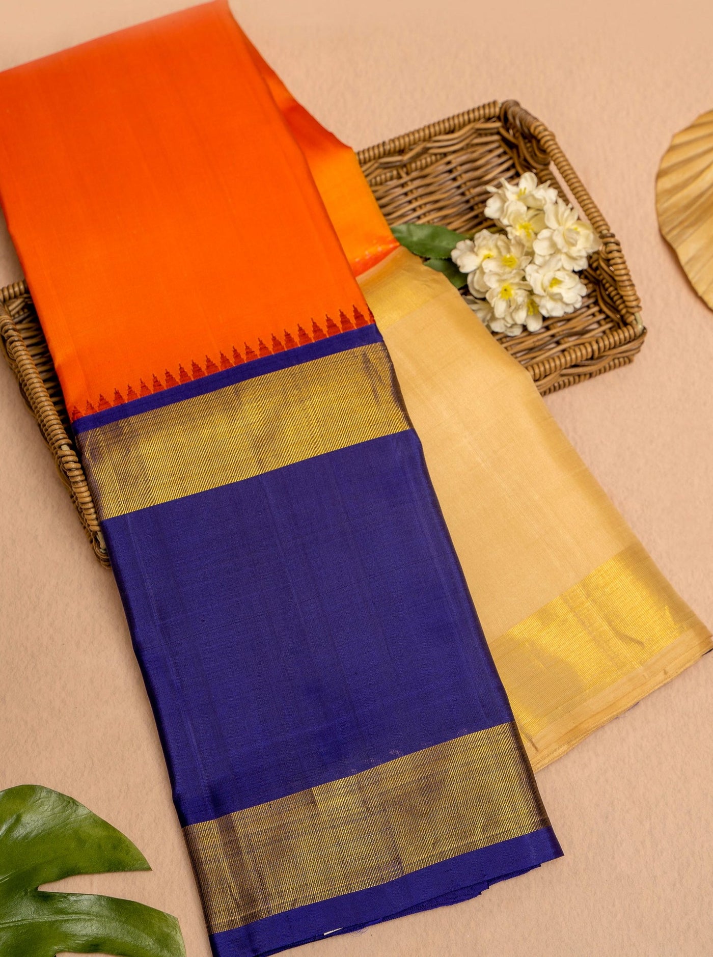 Orange Ganga Jamuna Pure Kanjivaram Silk Sari - Clio Silks