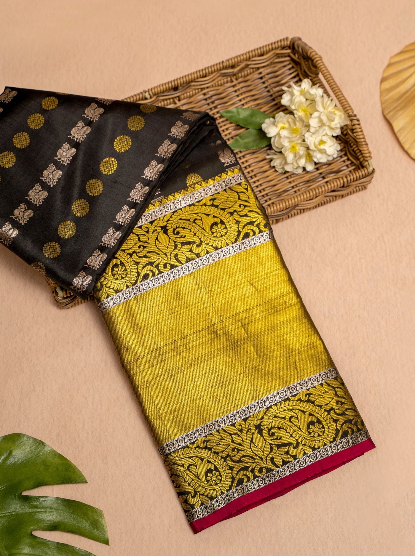 Black Gold and Silver Annam Chakram Pure Kanjivaram Silk Sari - Clio Silks