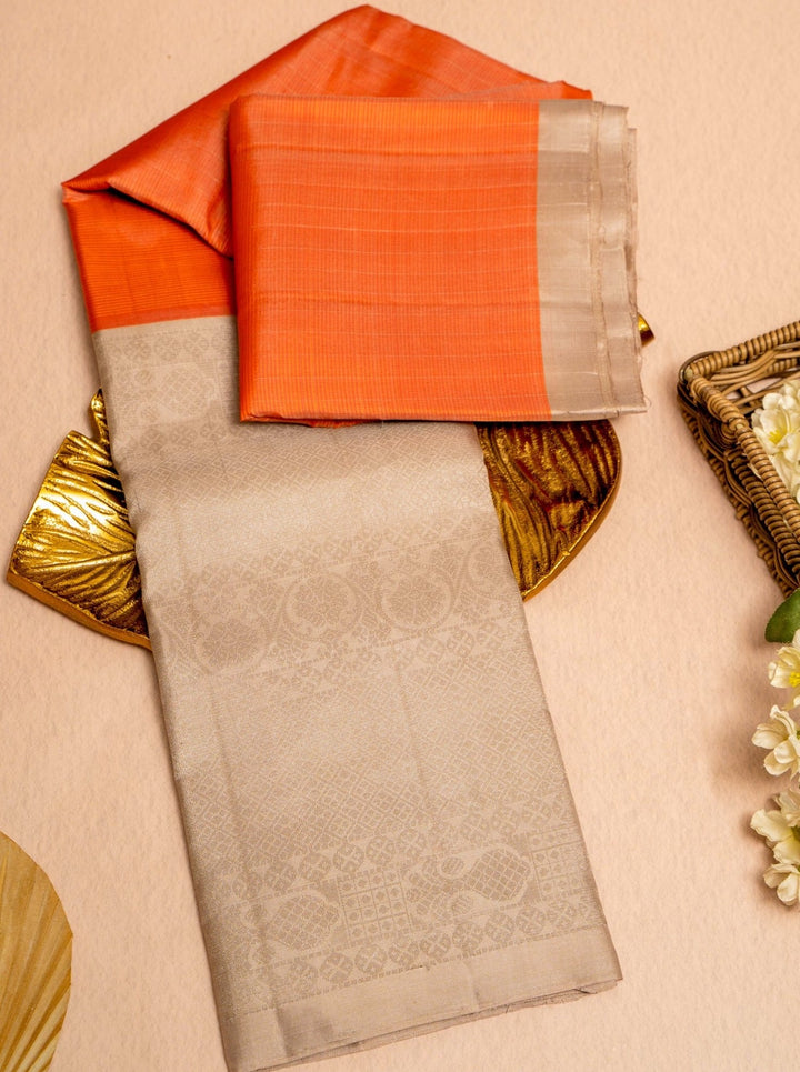 Peach Orange and Grey Half and Half Pure Silk Sari - Clio Silks