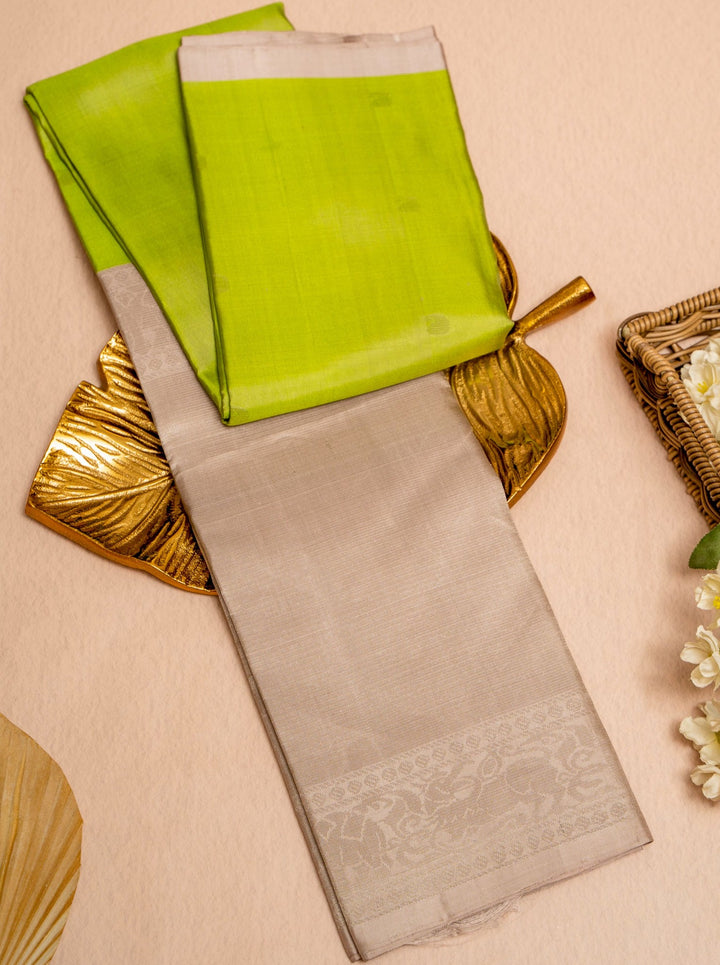 Lime Green and Grey Half and Half Pure Kanjivaram Silk Sari - Clio Silks