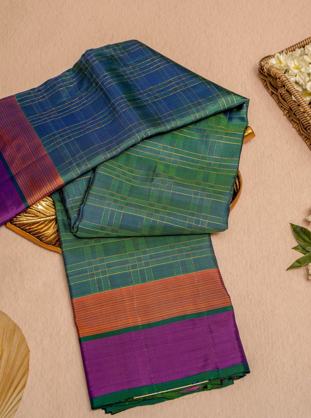 Peacock Green Zari Checks Pure Kanjivaram Silk Sari - Clio Silks