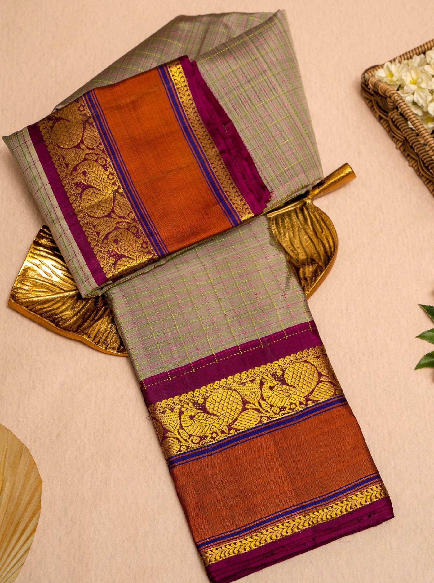 Grey and Rust Orange Thread Checks Rettai Pettu Pure Kanjivaram Silk Sari - Clio Silks