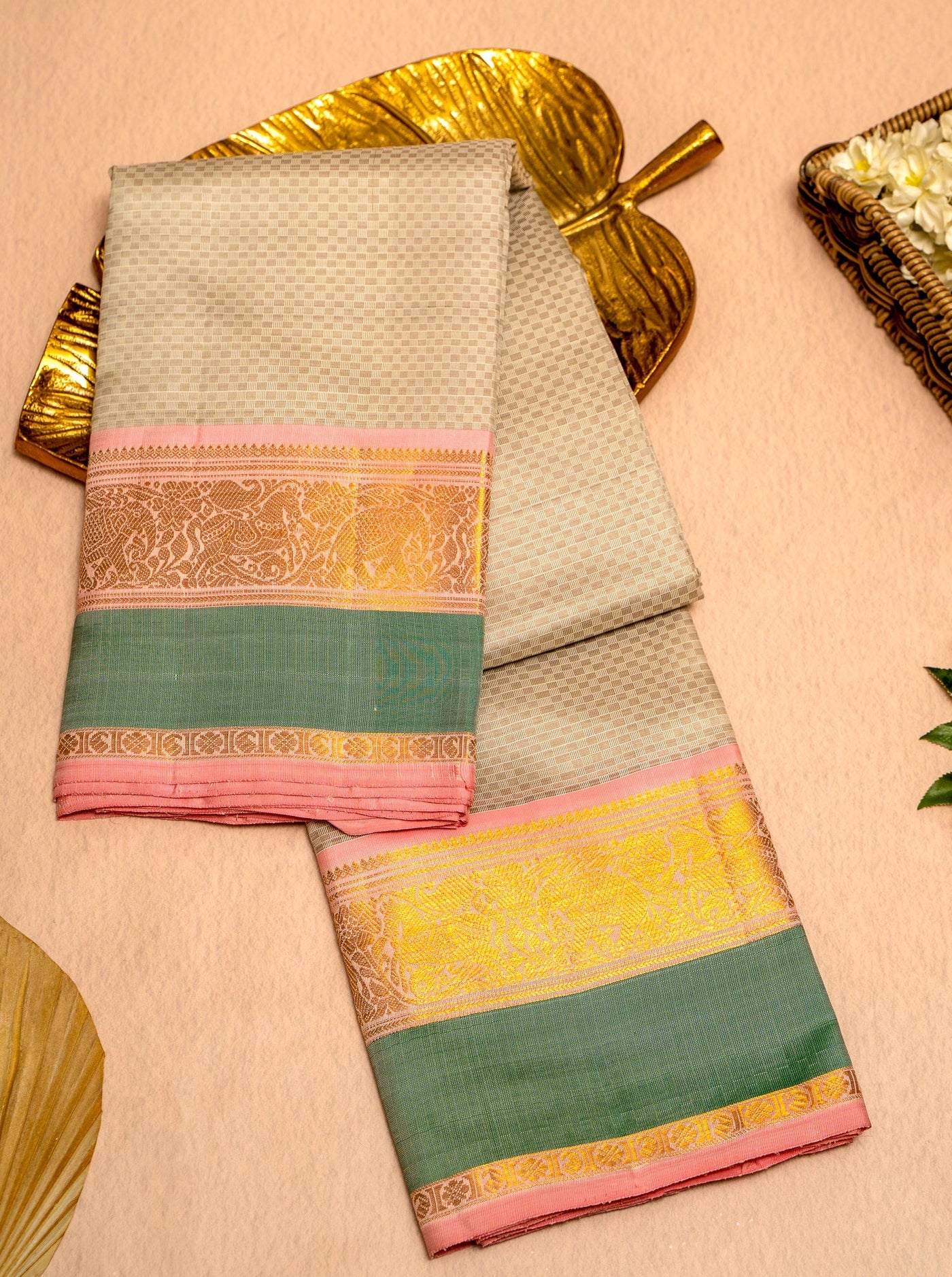 Beige and Lotus Pink Mat Checks Pure Kanjivaram Silk Sari - Clio Silks