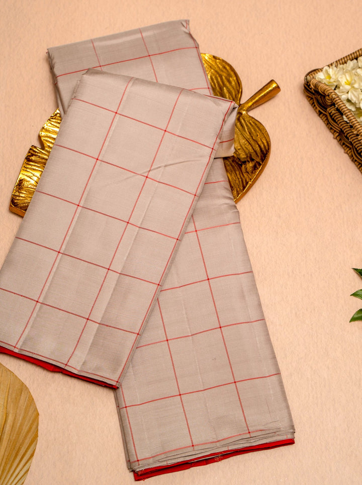 Cloud Grey and Red Checks Borderless Pure Zari Kanjivaram Silk Sari - Clio Silks