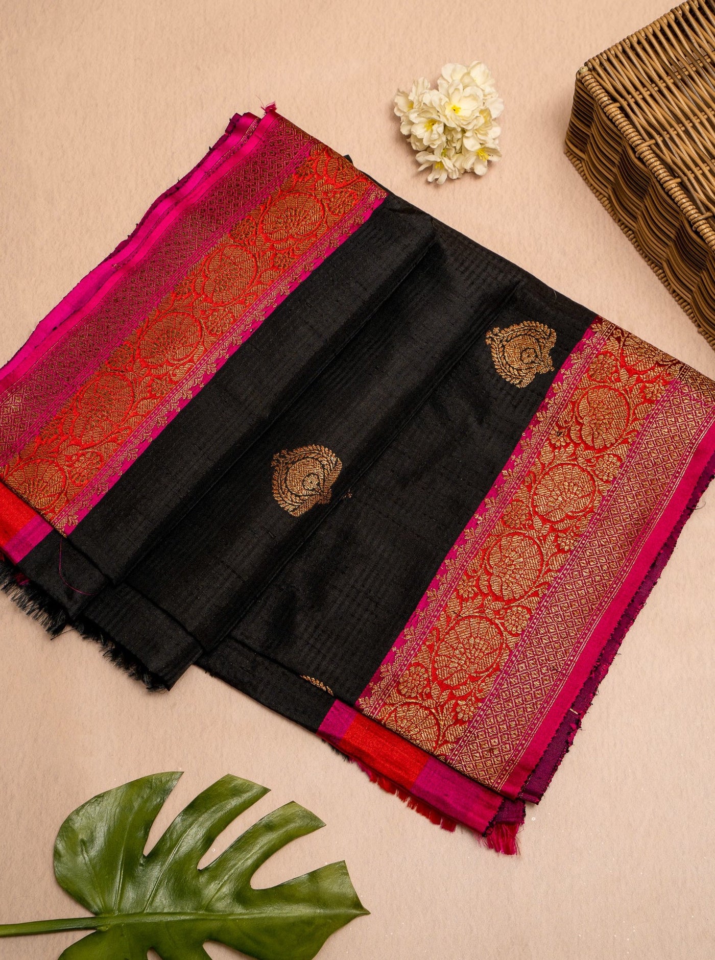 Black and Pink Pure Dupian Banaras Sari - Clio Silks