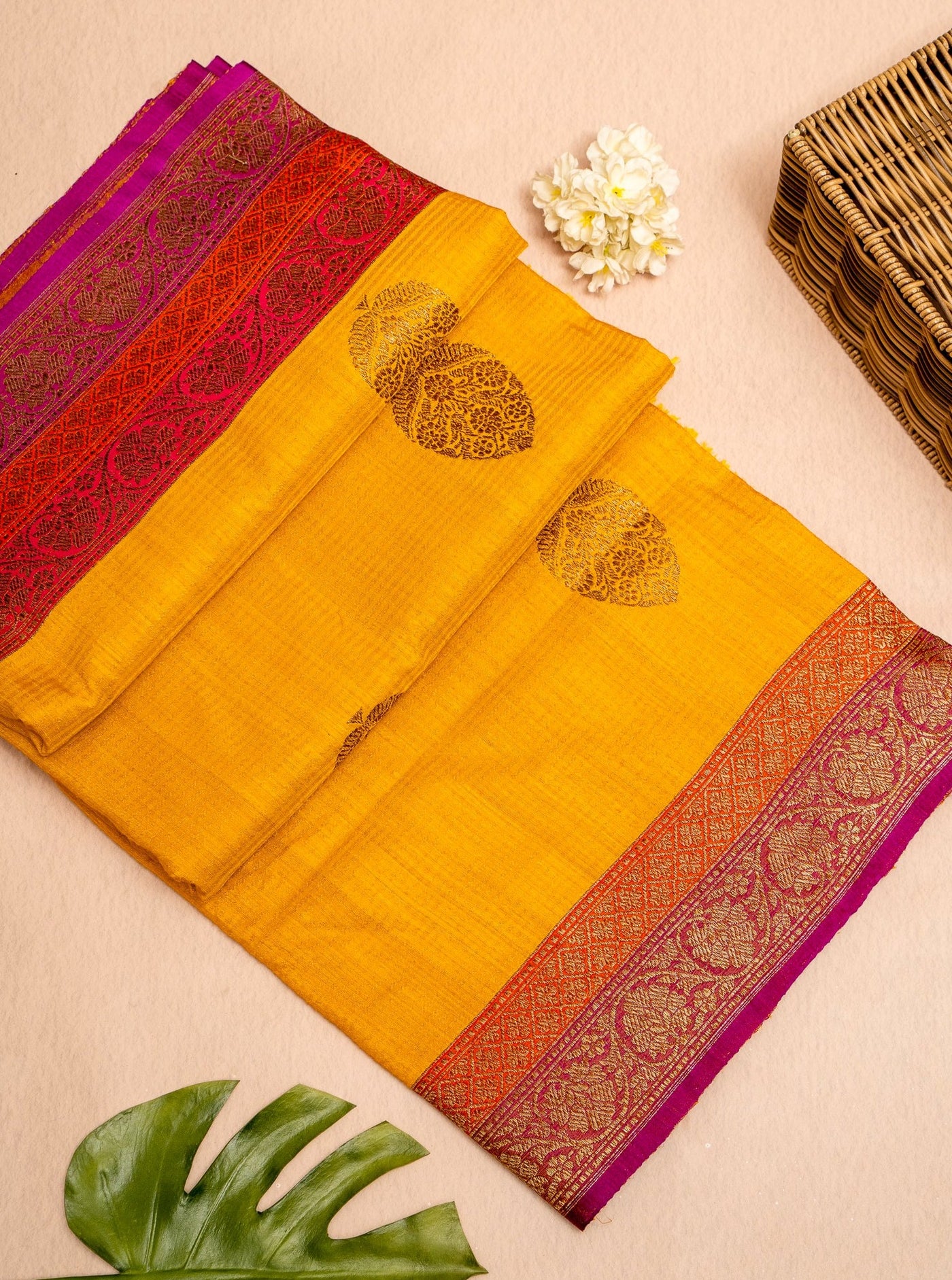 Mustard Yellow Dupian Pure Banaras Tussar Sari - Clio Silks