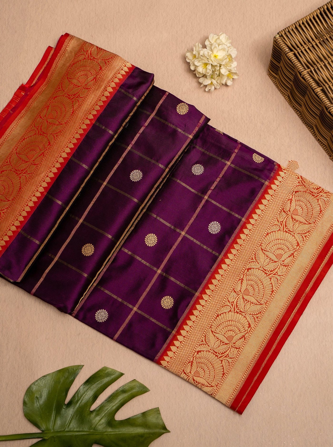 Eggplant Violet and Red Pure Banaras silk Sari - Clio Silks