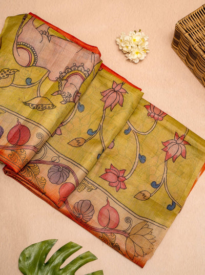 Rust Orange Tie and Dye Pichwai Hand Painted Pure Kalamkari Tussar Sari - Clio Silks