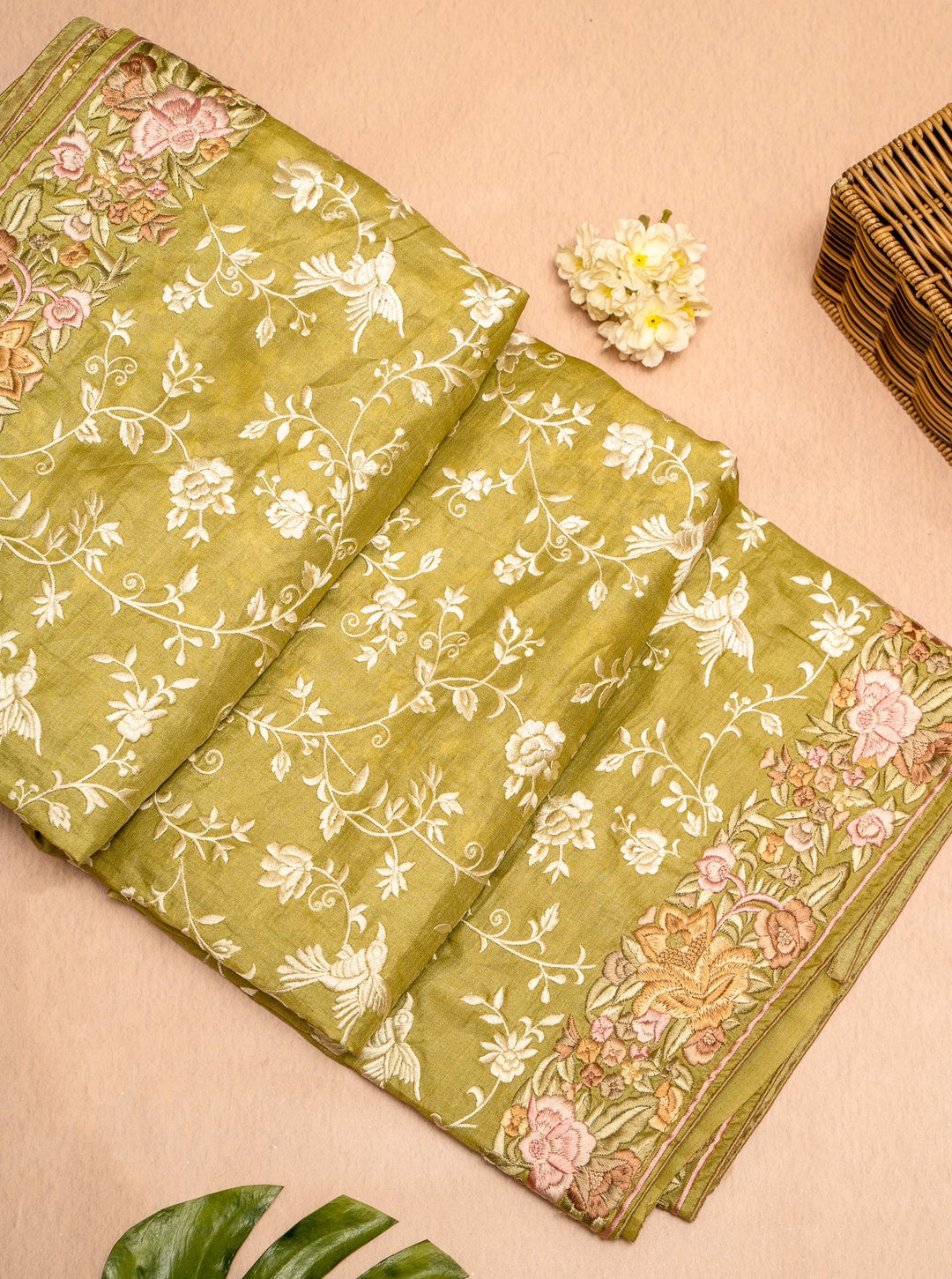 Apple Green Resham Embroidered Pure Tussar Sari - Clio Silks