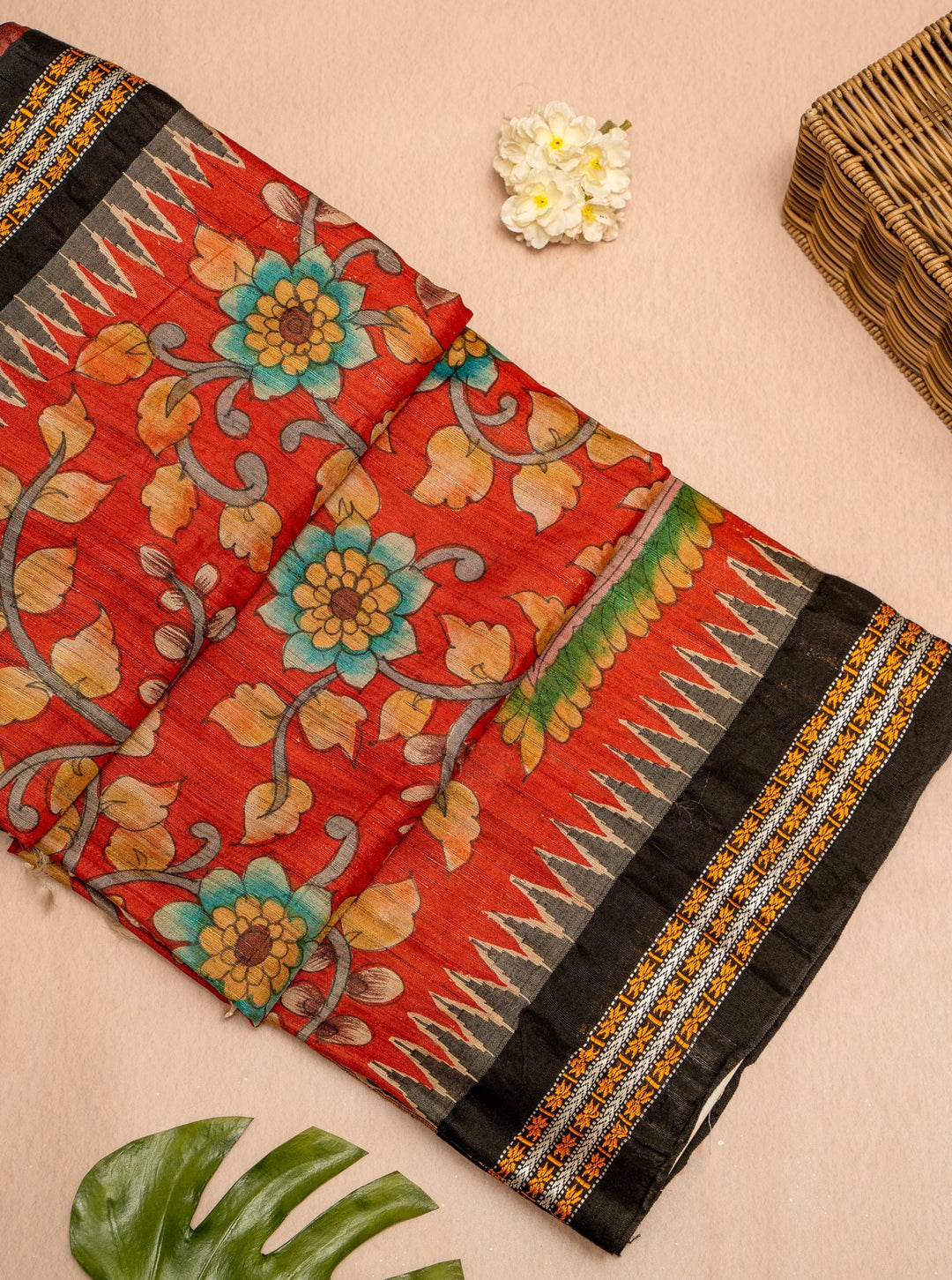 Red Kalamkari Pure Vidarbha Tussar Sari - Clio Silks