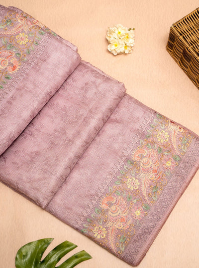 Lilac Embroidered Pure Tussar Kota Sari - Clio Silks
