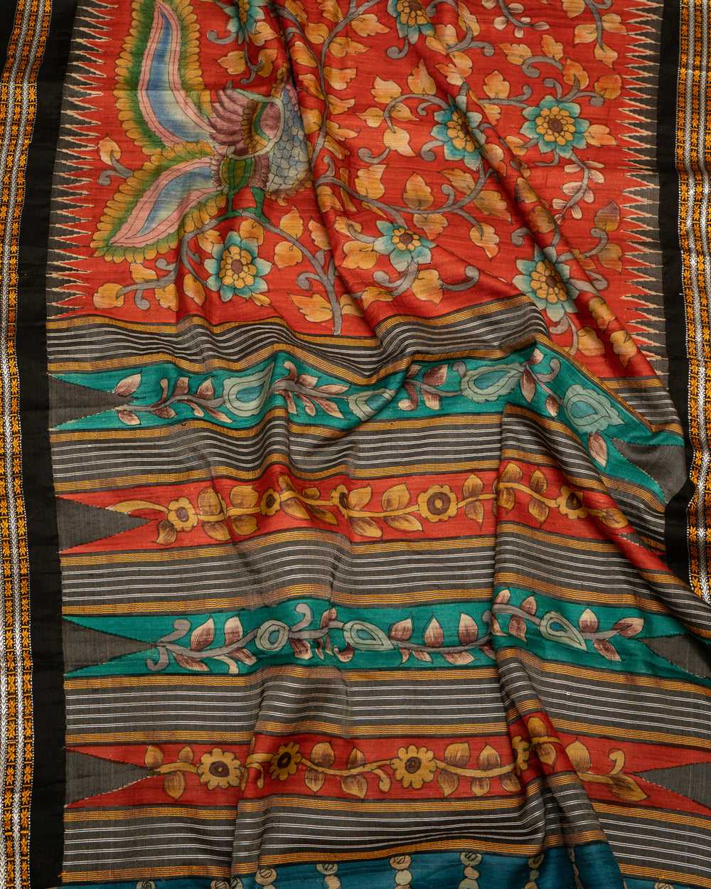 Red Kalamkari Pure Vidarbha Tussar Sari - Clio Silks