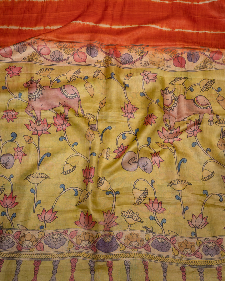 Rust Orange Tie and Dye Pichwai Hand Painted Pure Kalamkari Tussar Sari - Clio Silks