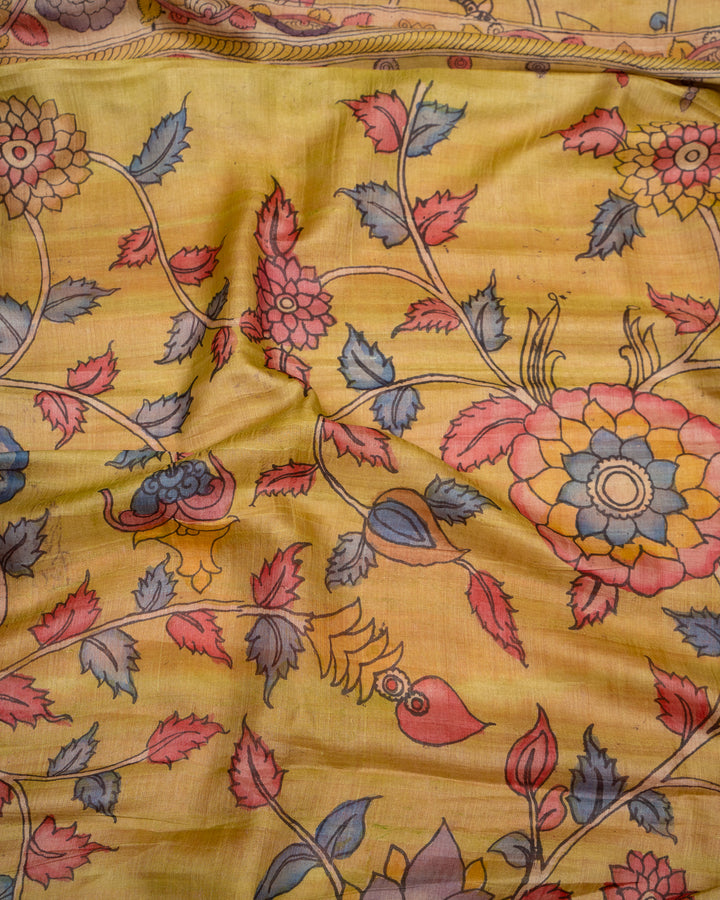Rust Orange Tie and Dye Pichwai Hand Painted Pure Kalamkari Tussar Sari - Clio Silks