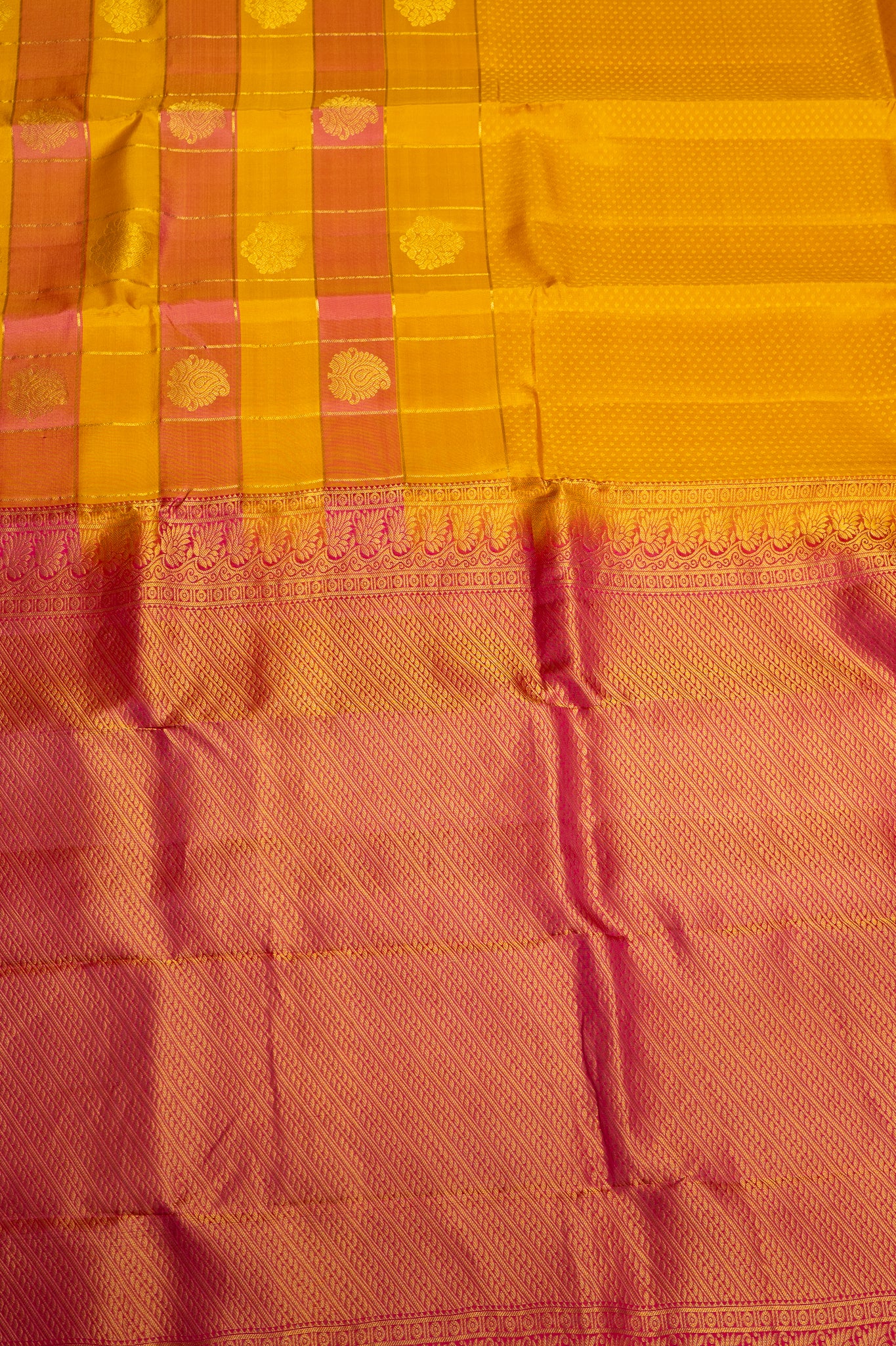 Mustard Yellow Embossed Borderless Pure Silk Sari - Clio Silks