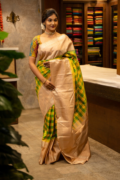 Green and Yellow Kottadi Checks With Peach Rettai Pettu Kanjivaram Silk Sari - Clio Silks