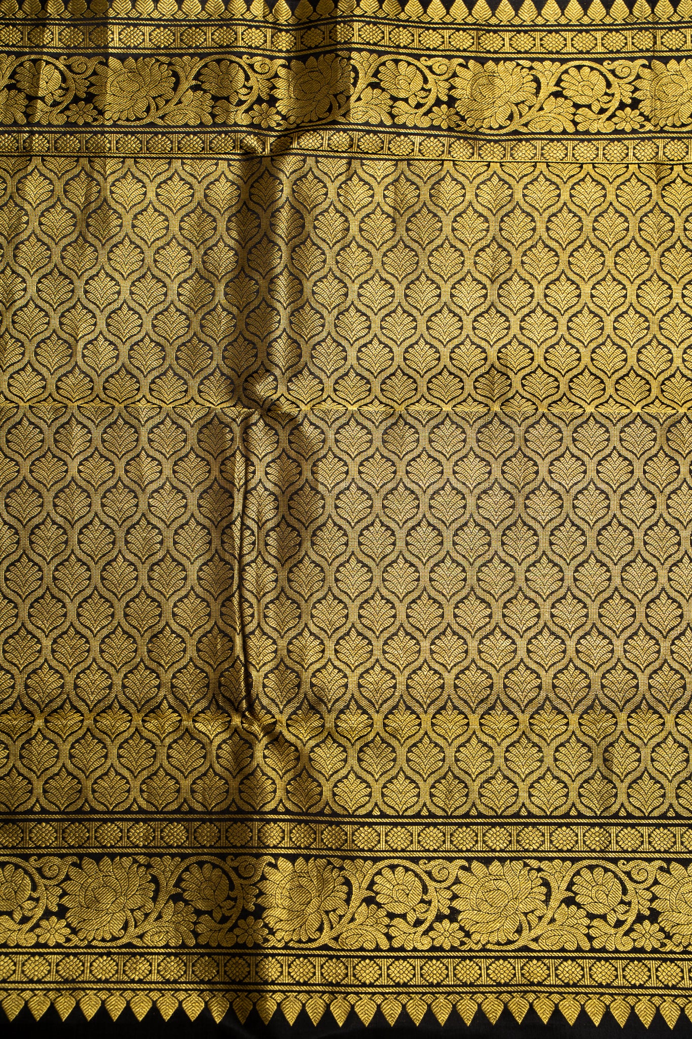 Black Gold and Silver Annam Chakram Pure Kanjivaram Silk Sari - Clio Silks