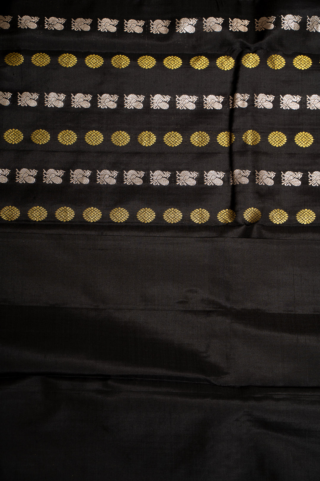 Black Gold and Silver Annam Chakram Pure Kanjivaram Silk Sari - Clio Silks