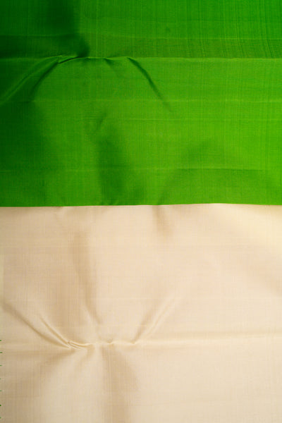 Off White and Parrot Green Korvai Pure Kanjivaram Silk Sari - Clio Silks