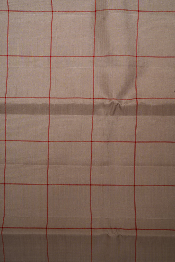 Cloud Grey and Red Checks Borderless Pure Zari Kanjivaram Silk Sari - Clio Silks