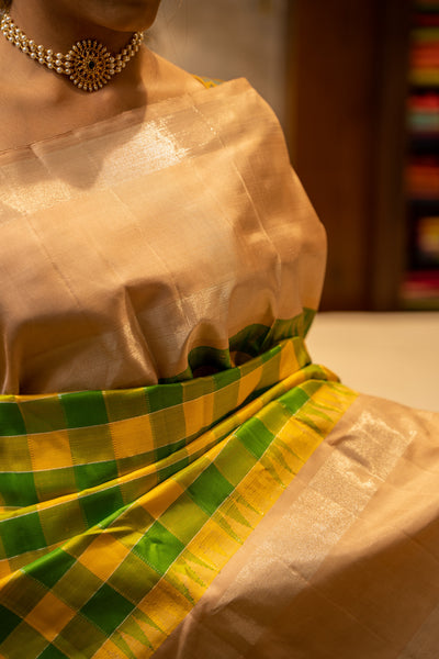Green and Yellow Kottadi Checks With Peach Rettai Pettu Kanjivaram Silk Sari - Clio Silks