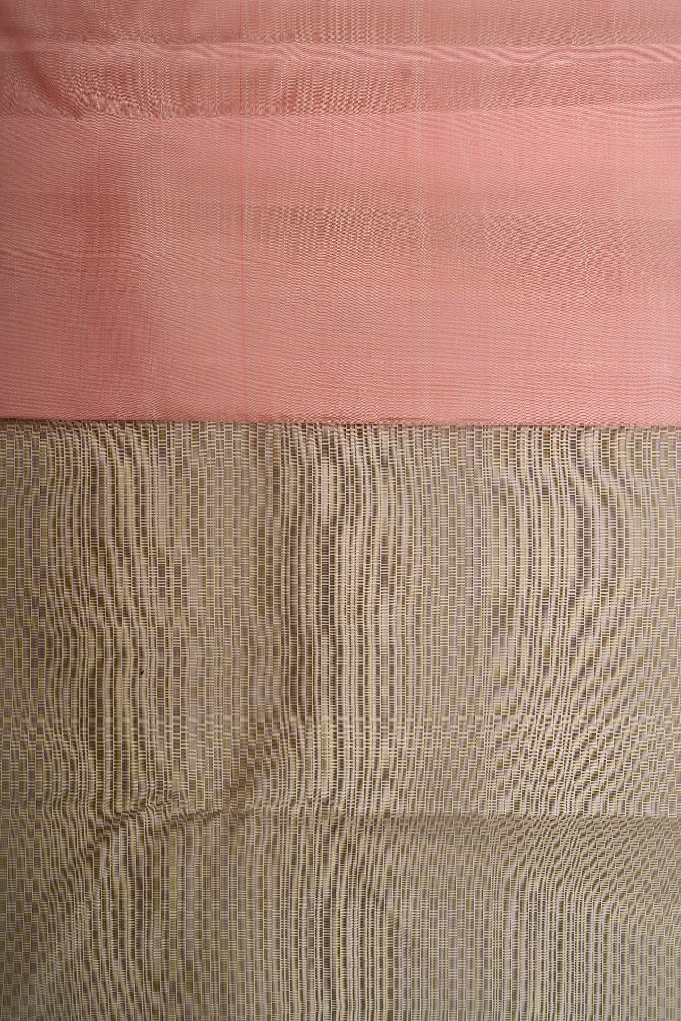 Beige and Lotus Pink Mat Checks Pure Kanjivaram Silk Sari - Clio Silks