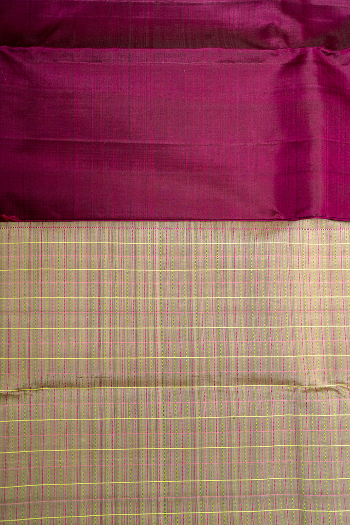 Grey and Rust Orange Thread Checks Rettai Pettu Pure Kanjivaram Silk Sari - Clio Silks