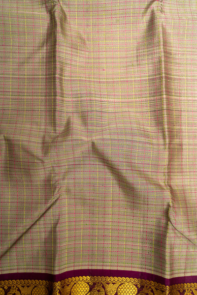 Grey and Rust Orange Thread Checks Rettai Pettu Pure Kanjivaram Silk Sari - Clio Silks