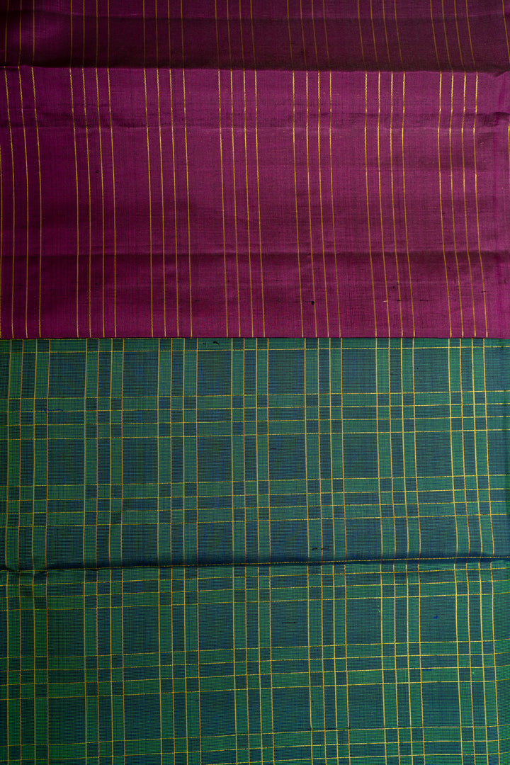 Peacock Green Zari Checks Pure Kanjivaram Silk Sari - Clio Silks