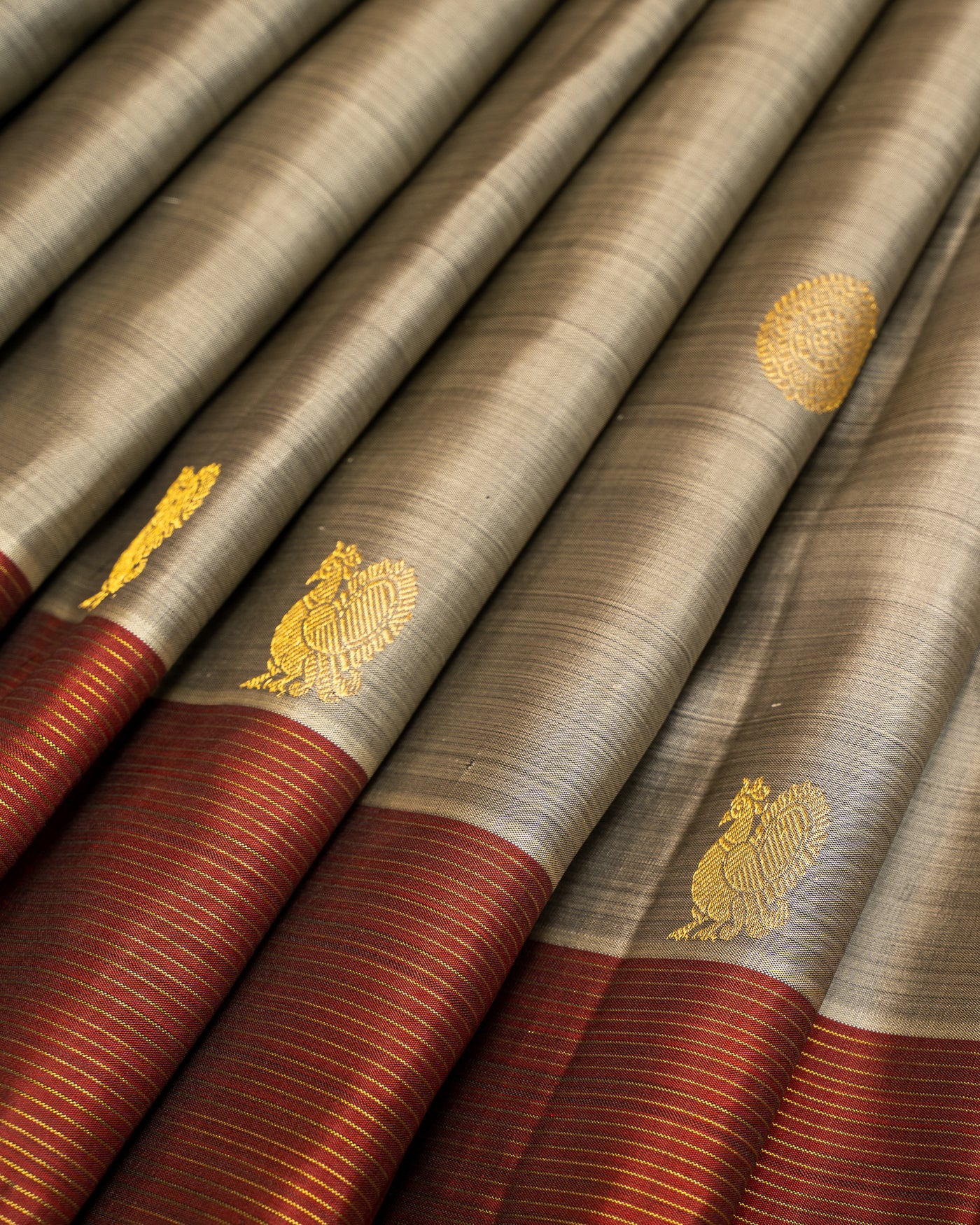 Dove Grey and Maroon Stripes Pure Kanjivaram Silk Sari - Clio Silks