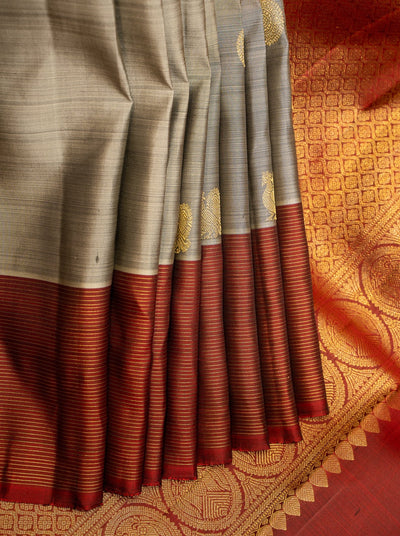 Dove Grey and Maroon Stripes Pure Kanjivaram Silk Sari - Clio Silks