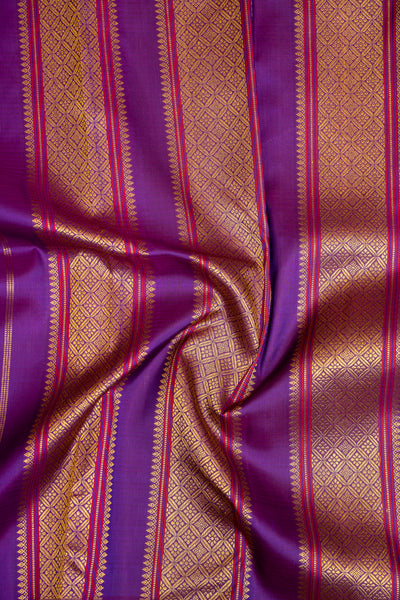 Cream and Peach Stripes Purple Rettai Pettu Pure Zari Kanjivaram Silk Sari - Clio Silks