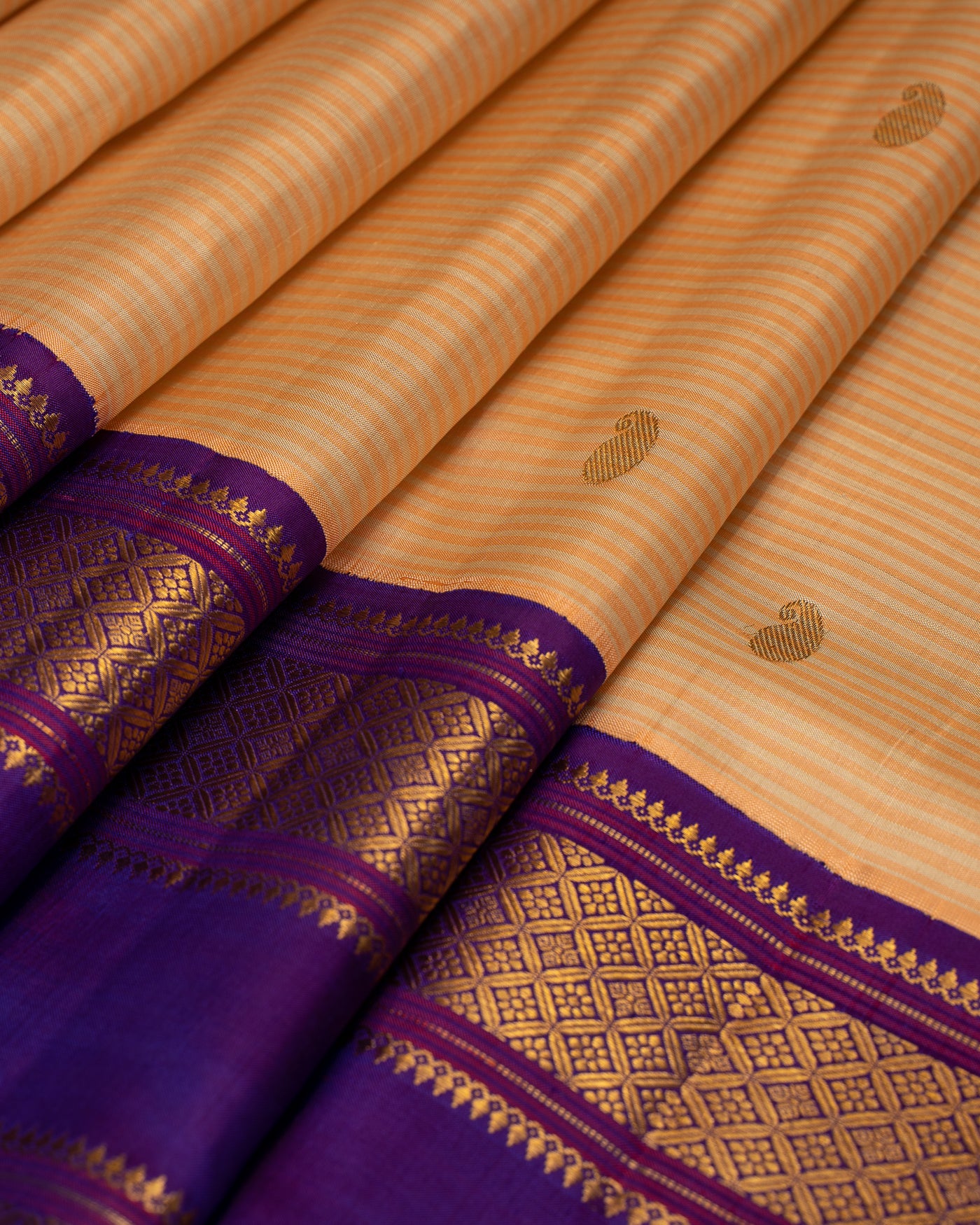 Cream and Peach Stripes Purple Rettai Pettu Pure Zari Kanjivaram Silk Sari - Clio Silks