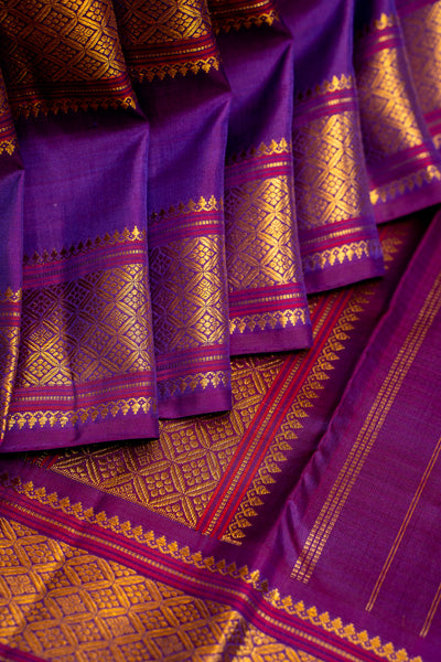 Cream and Peach Stripes Purple Rettai Pettu Pure Zari Kanjivaram Silk Sari - Clio Silks