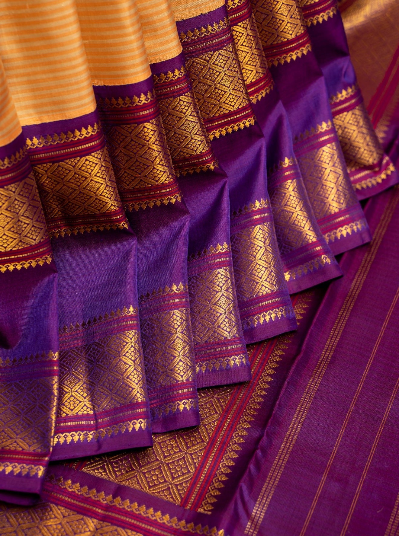 Cream and Peach Stripes Purple Rettai Pettu Pure Zari Kanjivaram Silk Sari - Clio Silks