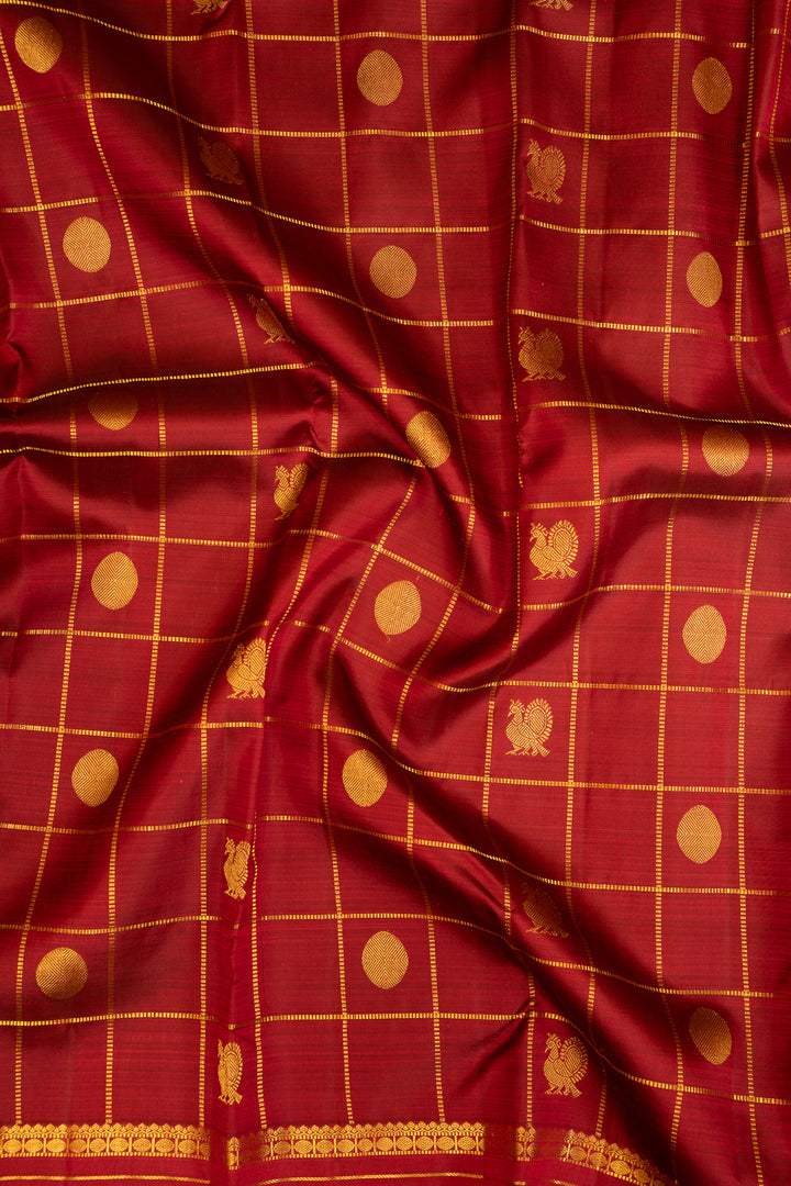 Maroon Zari Checks Traditional Pure Kanjivaram Silk Sari - Clio Silks