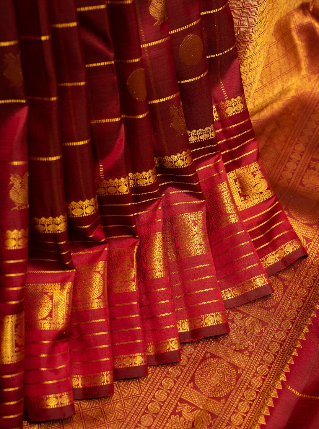 Maroon Zari Checks Traditional Pure Kanjivaram Silk Sari - Clio Silks
