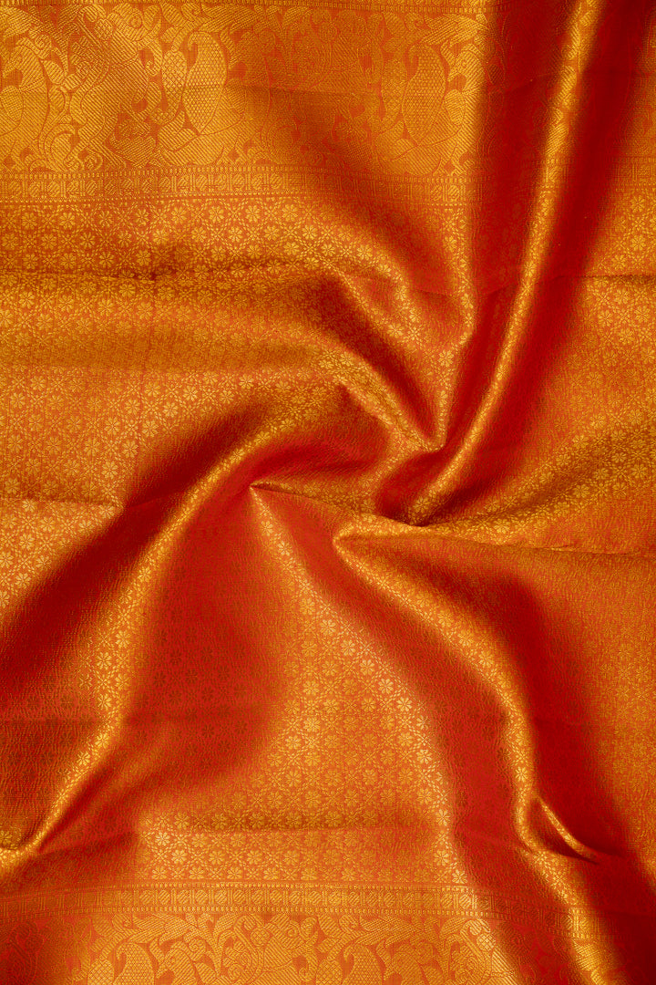 Mango Yellow and Peach Rettai Pettu Pure Kanjivaram Silk Sari - Clio Silks
