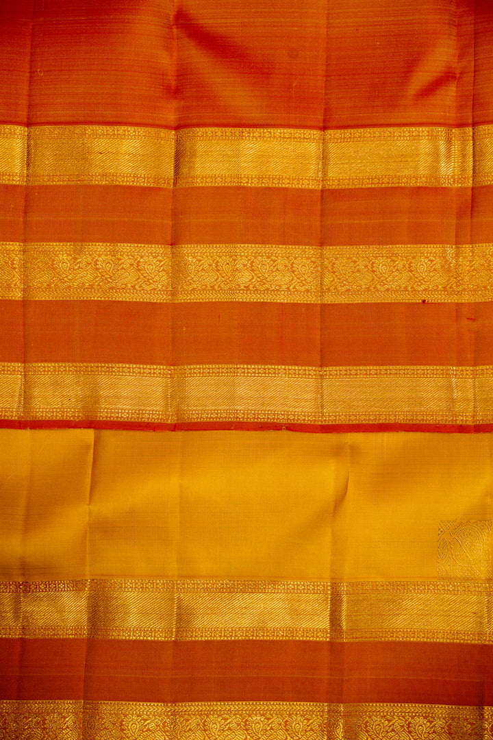 Mango Yellow and Peach Rettai Pettu Pure Kanjivaram Silk Sari - Clio Silks