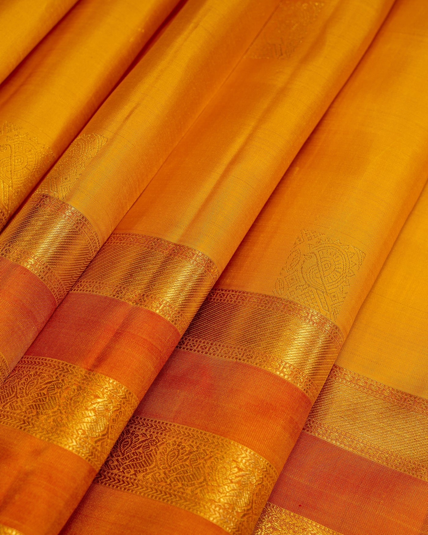 Mango Yellow and Peach Rettai Pettu Pure Kanjivaram Silk Sari - Clio Silks