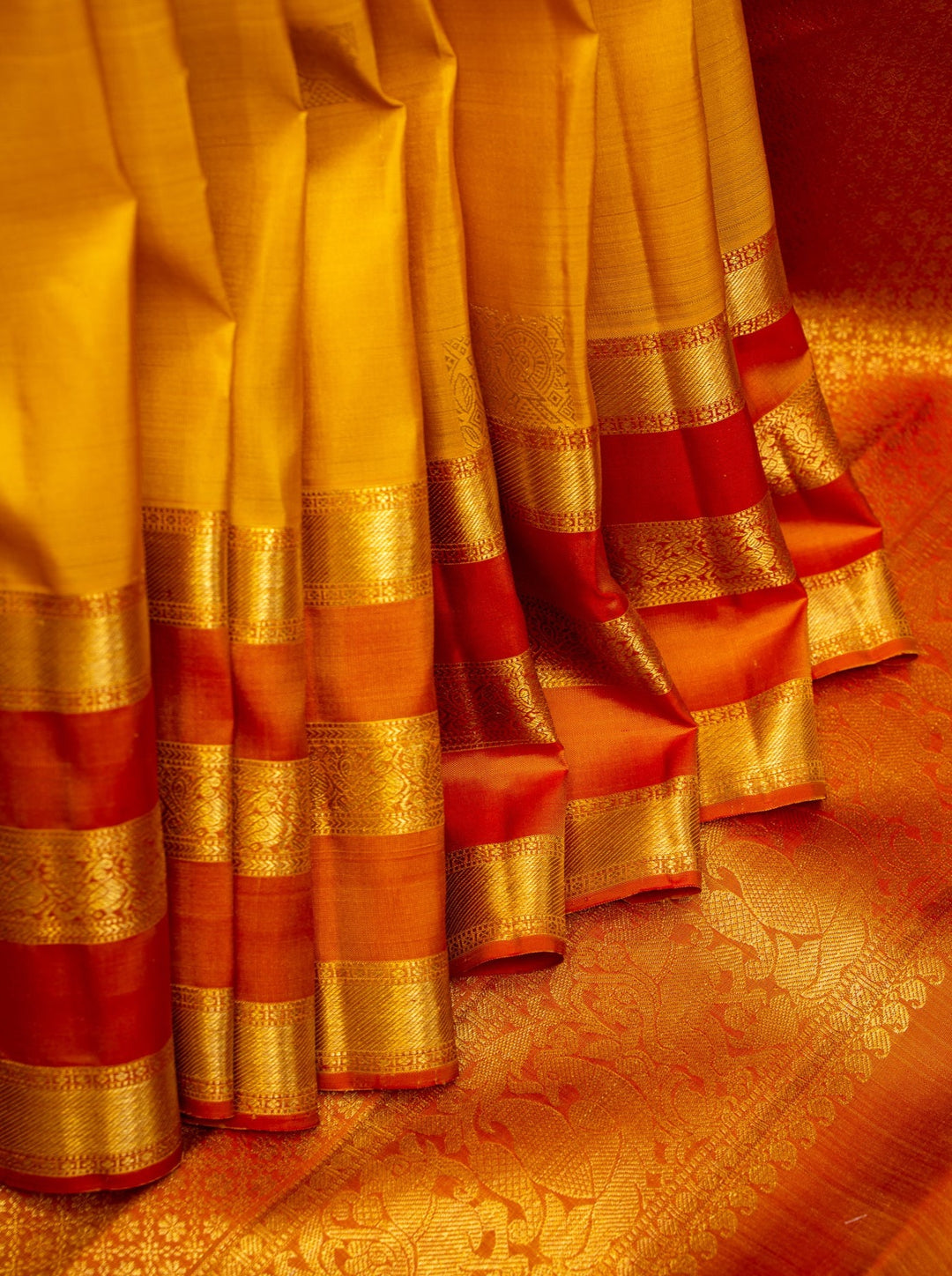 Mango Yellow and Peach Rettai Pettu Pure Kanjivaram Silk Sari - Clio Silks