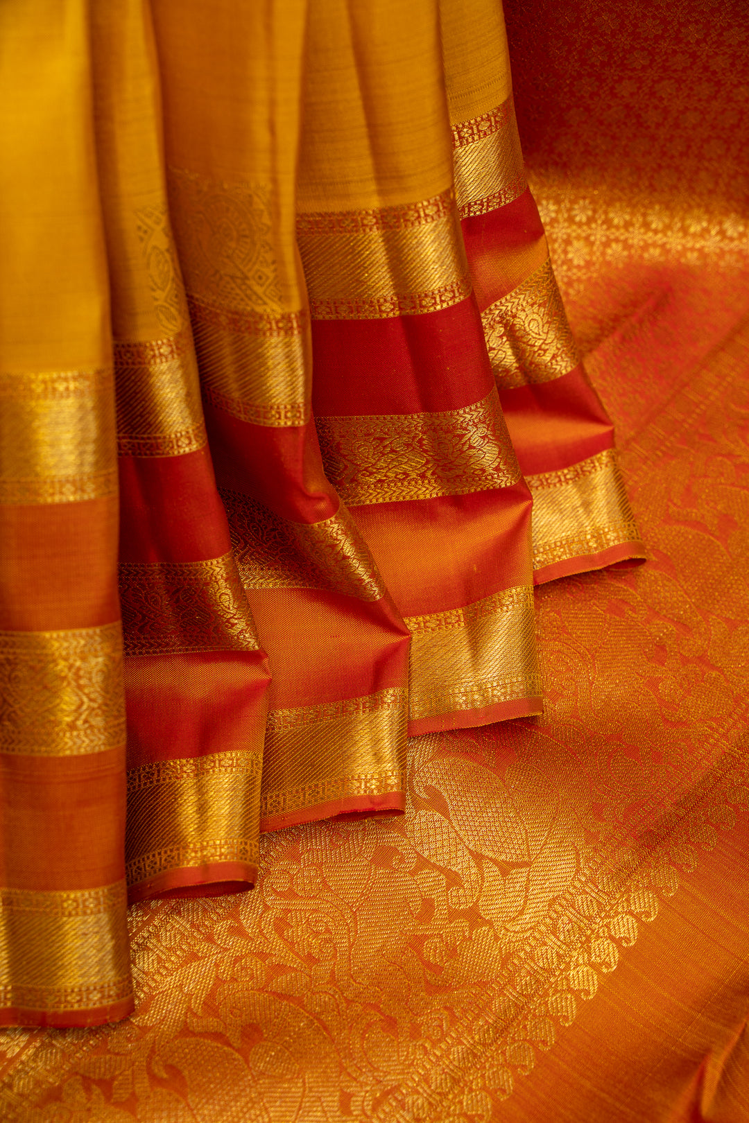 Mango Yellow and Peach Rettai Pettu Pure Kanjivaram Silk Sari - Clio Silks