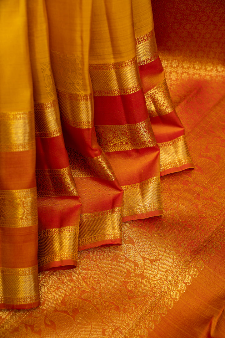 Mango Yellow and Peach Rettai Pettu Pure Kanjivaram Silk Sari - Clio Silks
