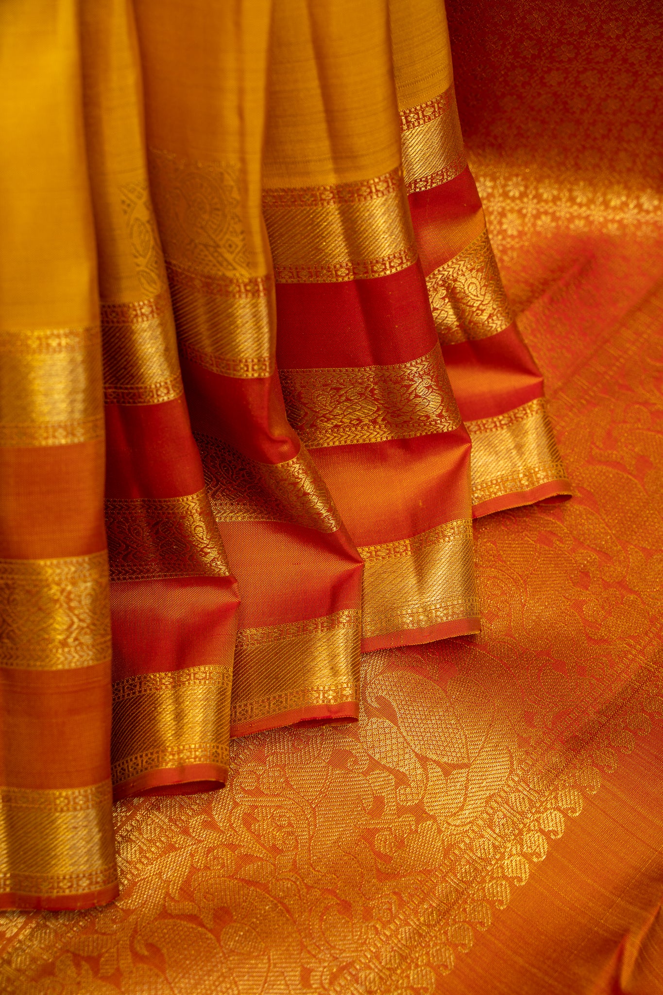 Mango Yellow and Peach Rettai Pettu Pure Kanjivaram Silk Sari - Clio Silks