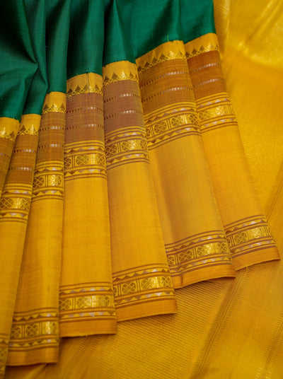 Forrest Green and Yellow Pure Zari Kanjivaram Silk Sari - Clio Silks