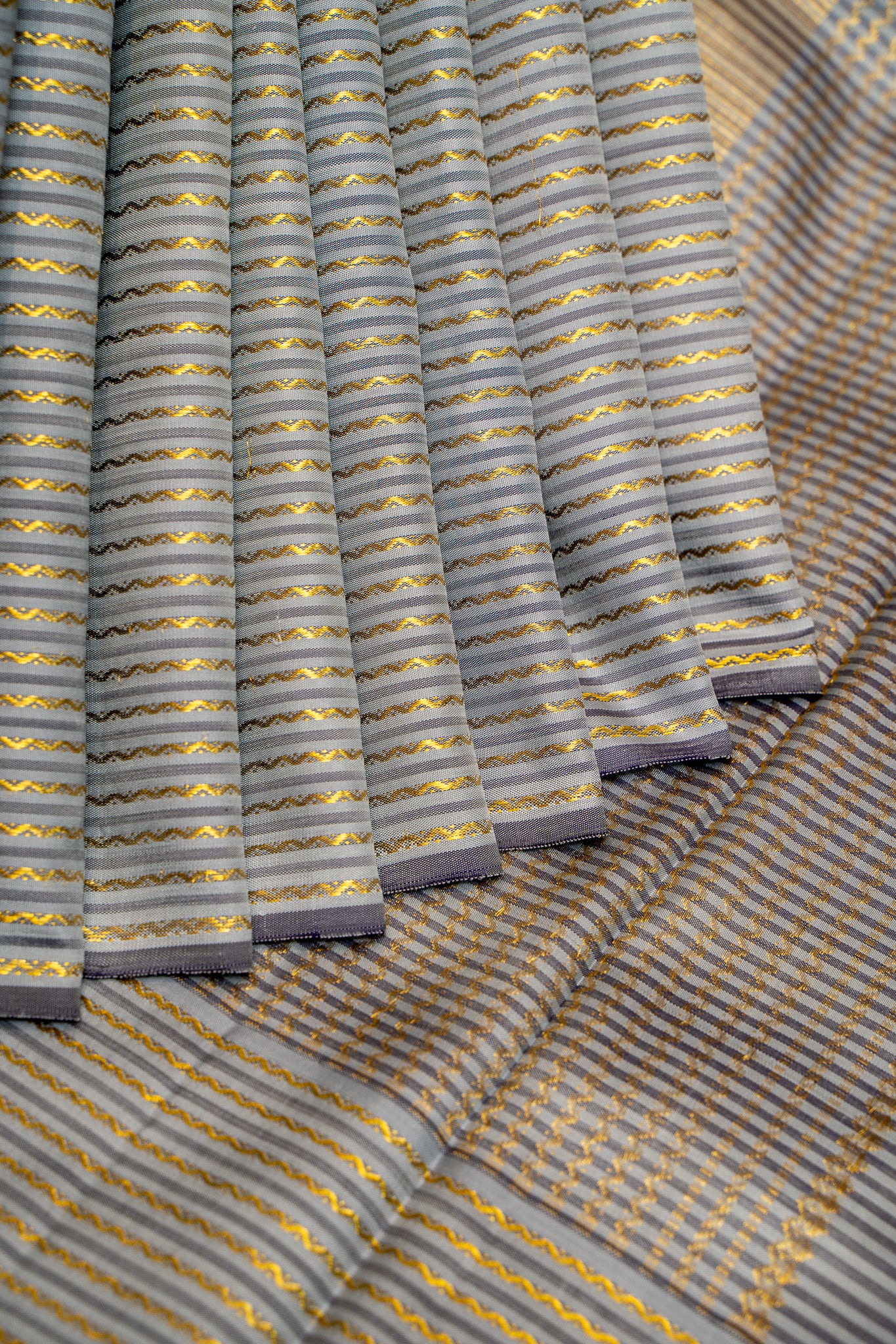 Bluish Grey Neli Stripes Pure Kanjivaram Silk Sari - Clio Silks