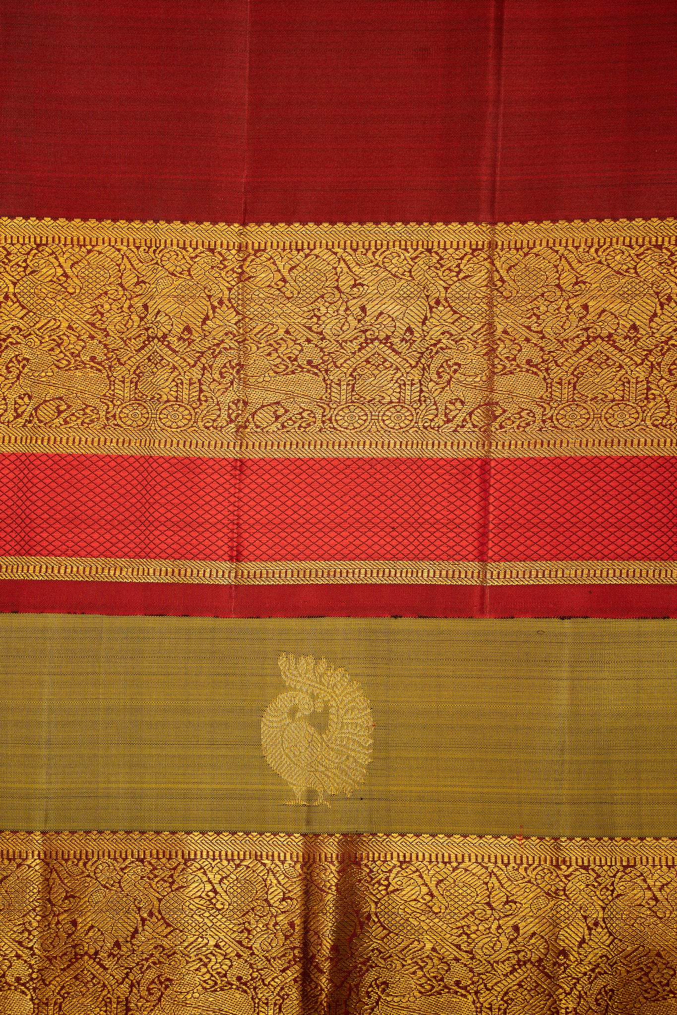Mehendi Green and Red Kathan Border Pure Kanjivaram Silk Sari - Clio Silks