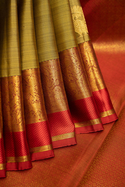 Mehendi Green and Red Kathan Border Pure Kanjivaram Silk Sari - Clio Silks