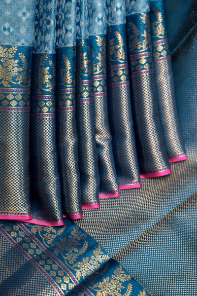 Blue Pochampally Ikat Pure Kanjivaram Silk Sari - Clio Silks